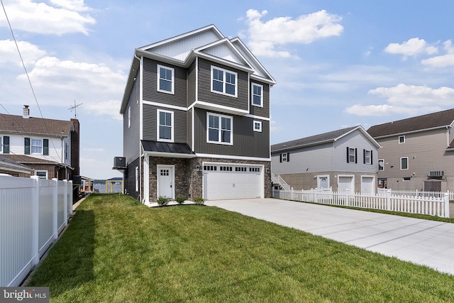 7108 River Drive Rd, Sparrows Point, MD 21219 - view of front facade with concrete driveway, a garage, board and batten siding, a residential view, and stone siding