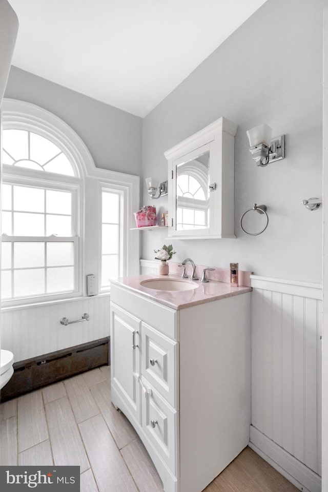 824 Lindale Ave, Drexel Hill, PA 19026 - bathroom with wainscoting, vanity, and healthy amount of natural light