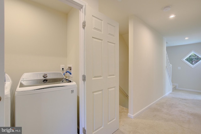 8207 Elm Ln, Chesapeake Beach, MD 20732 - laundry area with light carpet, washing machine and clothes dryer, and recessed lighting