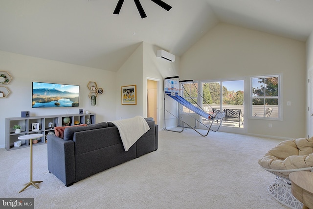 8207 Elm Ln, Chesapeake Beach, MD 20732 - carpeted living room with high vaulted ceiling, ceiling fan, and a wall mounted AC