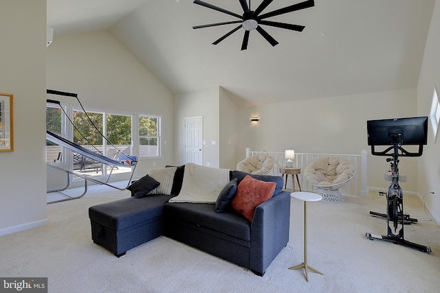 8207 Elm Ln, Chesapeake Beach, MD 20732 - living room with carpet flooring, high vaulted ceiling, and ceiling fan