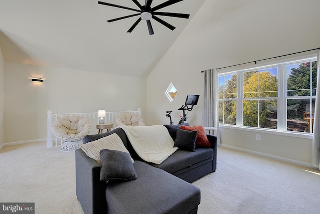 8207 Elm Ln, Chesapeake Beach, MD 20732 - carpeted living area featuring a ceiling fan and high vaulted ceiling