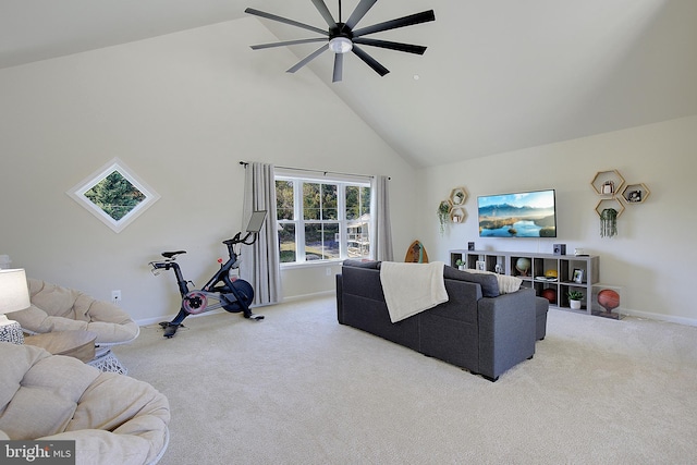 8207 Elm Ln, Chesapeake Beach, MD 20732 - carpeted living room featuring high vaulted ceiling and ceiling fan
