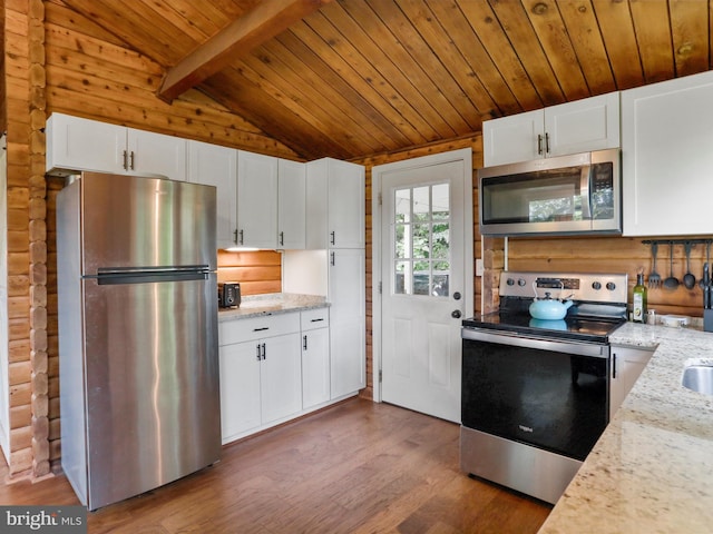 37AND41 Headwaters Rd, Chester Gap, VA 22623 - kitchen featuring appliances with stainless steel finishes, wood ceiling, wood finished floors, light stone counters, and white cabinetry