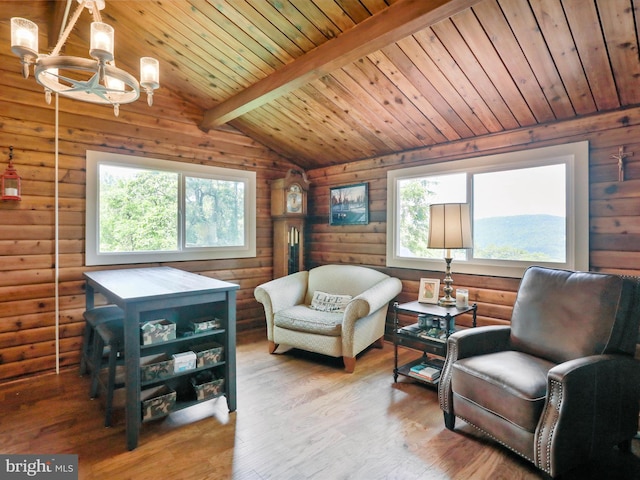 37AND41 Headwaters Rd, Chester Gap, VA 22623 - sitting room with a chandelier, wood ceiling, wood finished floors, and rustic walls