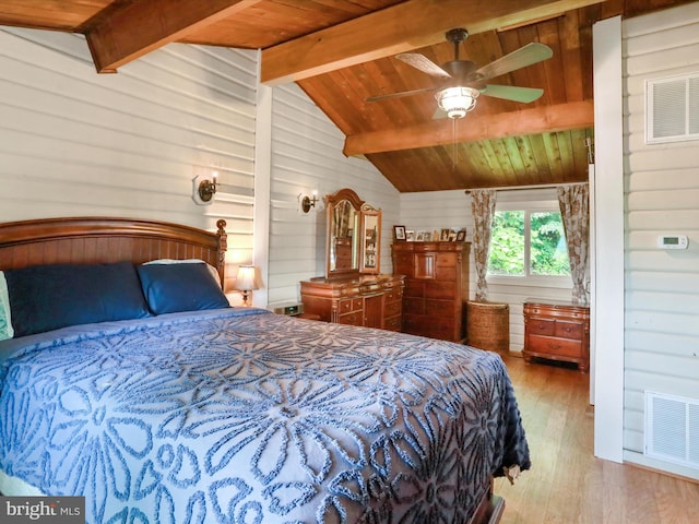 37AND41 Headwaters Rd, Chester Gap, VA 22623 - bedroom with hardwood / wood-style flooring, wooden ceiling, wood walls, and a ceiling fan
