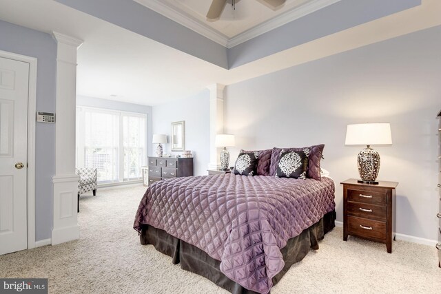 6362 Levtov Lndg, Alexandria, VA 22312 - carpeted bedroom featuring decorative columns, ornamental molding, and a ceiling fan