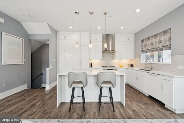 11336 Emerald Park Rd, Potomac, MD 20854 - kitchen with wall chimney exhaust hood, dishwasher, a kitchen island, decorative backsplash, and white cabinets