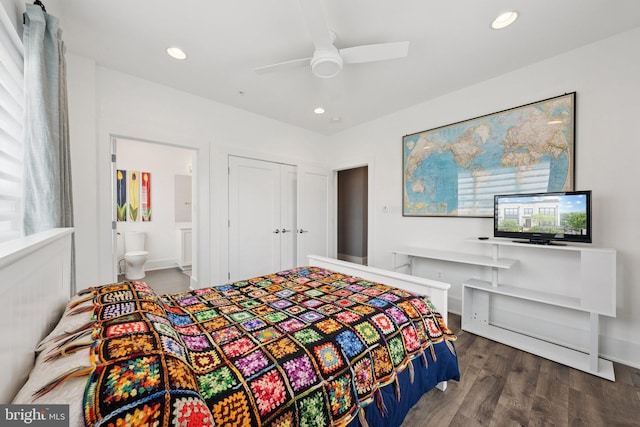 11336 Emerald Park Rd, Potomac, MD 20854 - bedroom with wood finished floors, ensuite bath, recessed lighting, ceiling fan, and a closet