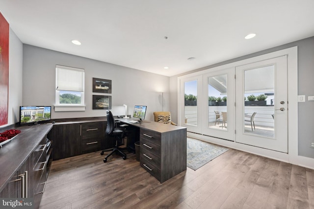 11336 Emerald Park Rd, Potomac, MD 20854 - home office featuring dark wood finished floors and recessed lighting