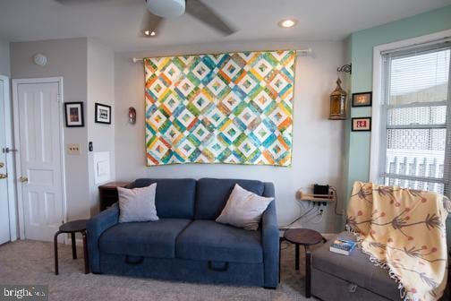 5600 Seaview Ave, Wildwood Crest, NJ 08260 - living room featuring a ceiling fan, carpet flooring, and recessed lighting