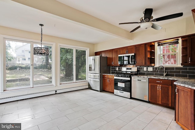 4713 Elsrode Ave, Baltimore, MD 21214 - kitchen featuring appliances with stainless steel finishes, open shelves, backsplash, light stone counters, and beam ceiling