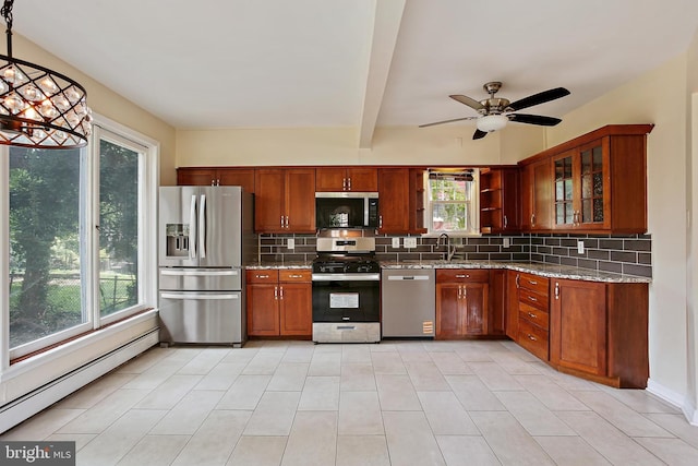 4713 Elsrode Ave, Baltimore, MD 21214 - kitchen featuring stainless steel appliances, baseboard heating, decorative backsplash, light stone countertops, and beamed ceiling