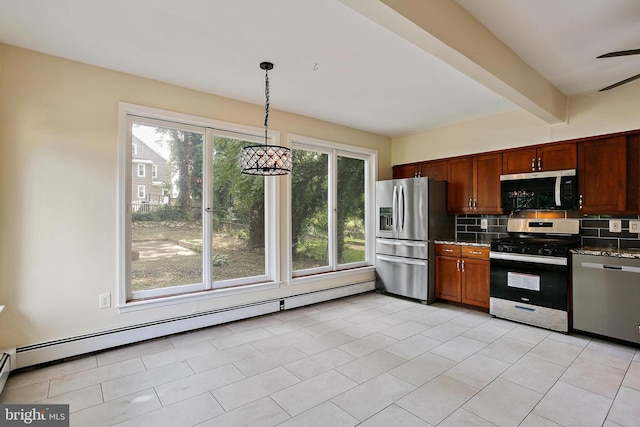 4713 Elsrode Ave, Baltimore, MD 21214 - kitchen with stainless steel appliances, tasteful backsplash, a baseboard radiator, decorative light fixtures, and stone countertops