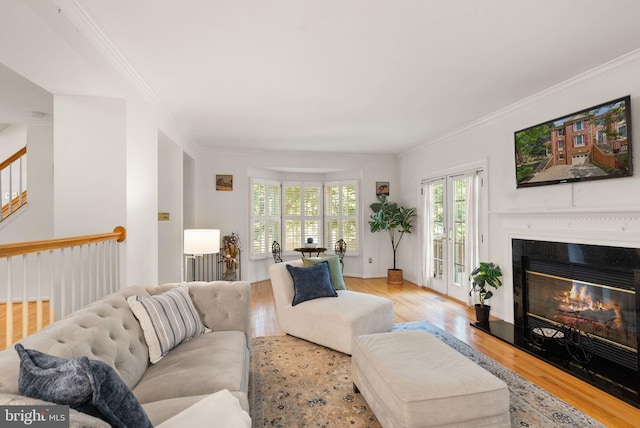 6498 Milva Ln, Springfield, VA 22150 - living area featuring wood finished floors, ornamental molding, and a glass covered fireplace