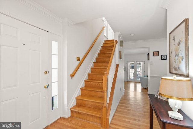 6498 Milva Ln, Springfield, VA 22150 - foyer entrance featuring stairway, light wood-style flooring, crown molding, and french doors
