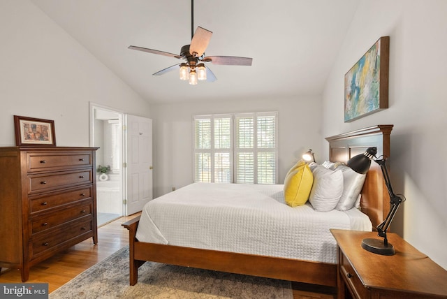 6498 Milva Ln, Springfield, VA 22150 - bedroom featuring lofted ceiling, light wood-style flooring, a ceiling fan, and ensuite bath