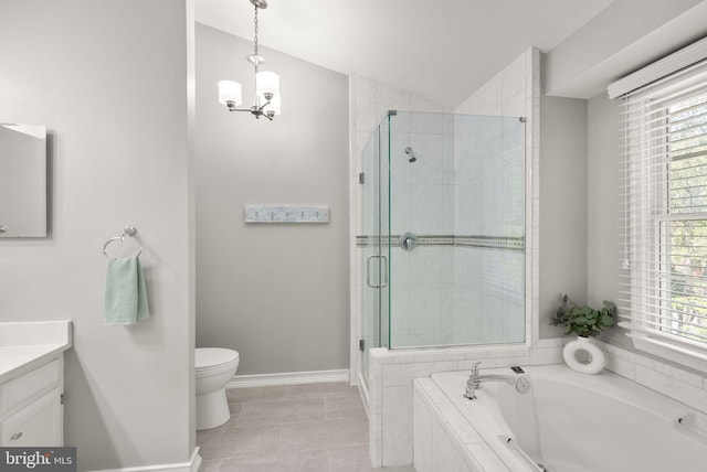6498 Milva Ln, Springfield, VA 22150 - full bathroom with vanity, a garden tub, a stall shower, a chandelier, and healthy amount of natural light