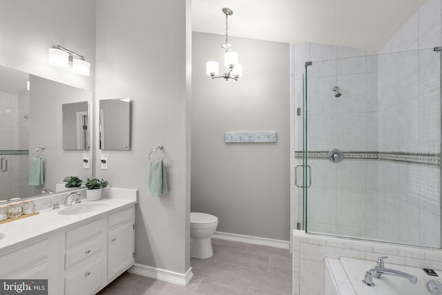 6498 Milva Ln, Springfield, VA 22150 - bathroom featuring vanity, a stall shower, a chandelier, tile patterned flooring, and a tub to relax in