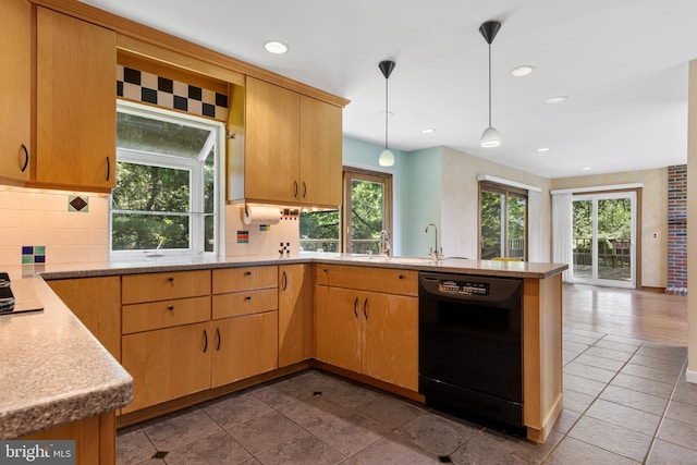 39 Haymarket Ln, Bryn Mawr, PA 19010 - kitchen with black dishwasher, a peninsula, decorative backsplash, decorative light fixtures, and recessed lighting