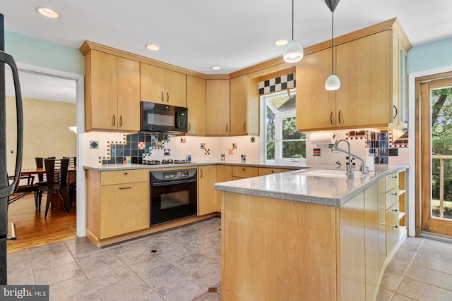 39 Haymarket Ln, Bryn Mawr, PA 19010 - kitchen with black appliances, light brown cabinetry, a peninsula, decorative backsplash, and recessed lighting