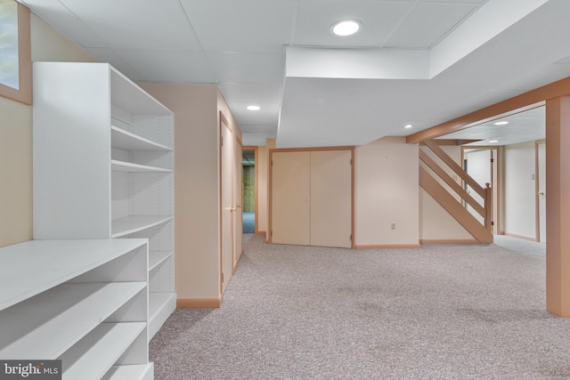 39 Haymarket Ln, Bryn Mawr, PA 19010 - finished below grade area with light carpet, recessed lighting, and stairway