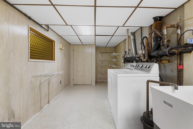 39 Haymarket Ln, Bryn Mawr, PA 19010 - laundry room with independent washer and dryer and wood walls