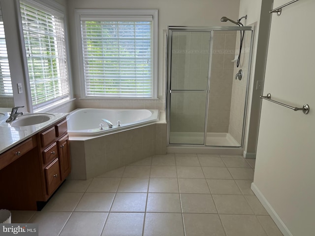 206 Excalibur Dr, Newtown Square, PA 19073 - full bathroom featuring vanity, tile patterned flooring, a bath, and a shower stall