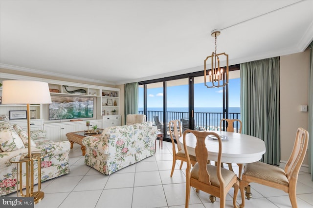 906 S Edgewater House Rd Unit 906S, Bethany Beach, DE 19930 - living area with a chandelier, ornamental molding, light tile patterned floors, and expansive windows