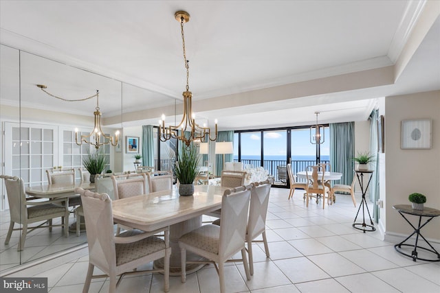 906 S Edgewater House Rd Unit 906S, Bethany Beach, DE 19930 - dining area with a chandelier, light tile patterned floors, ornamental molding, and a water view