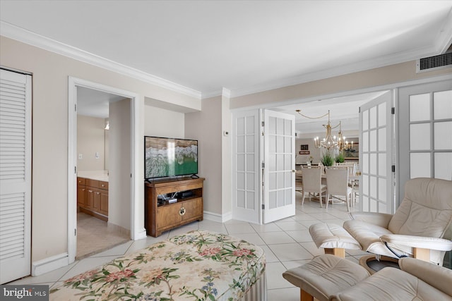 906 S Edgewater House Rd Unit 906S, Bethany Beach, DE 19930 - living room with crown molding, a chandelier, and light tile patterned flooring
