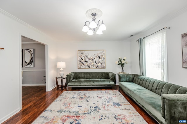 1632 Farm Brook Pl, Charlottesville, VA 22901 - living room with dark wood-type flooring, a chandelier, and crown molding