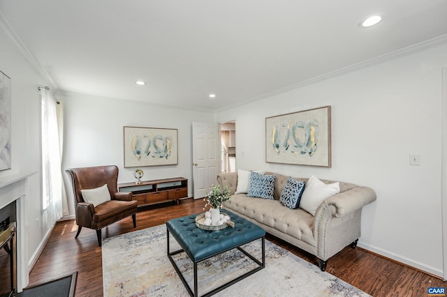 1632 Farm Brook Pl, Charlottesville, VA 22901 - living area featuring ornamental molding, dark wood-type flooring, recessed lighting, and a fireplace with flush hearth