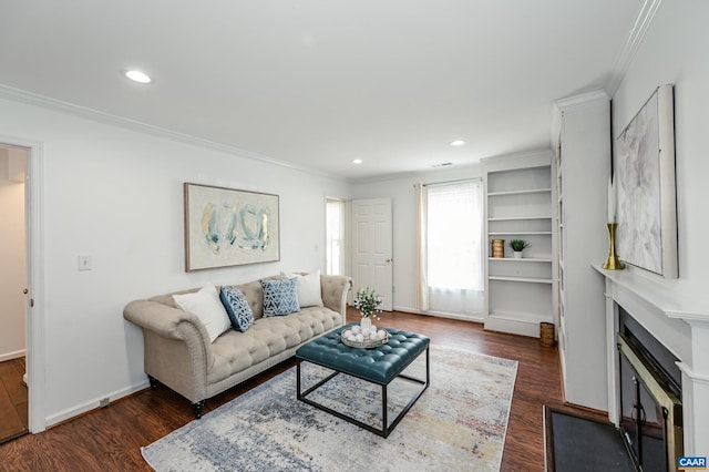 1632 Farm Brook Pl, Charlottesville, VA 22901 - living area with crown molding, dark wood-type flooring, recessed lighting, and a glass covered fireplace