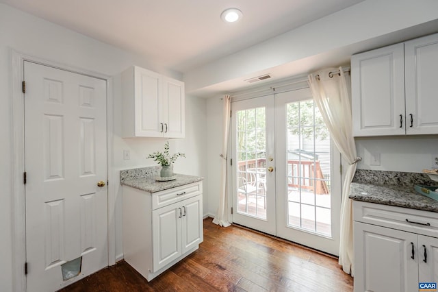 1632 Farm Brook Pl, Charlottesville, VA 22901 - kitchen featuring french doors, dark wood-type flooring, white cabinets, light stone countertops, and recessed lighting