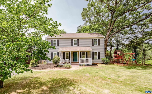 1632 Farm Brook Pl, Charlottesville, VA 22901 - colonial-style house with covered porch, a front lawn, and a playground