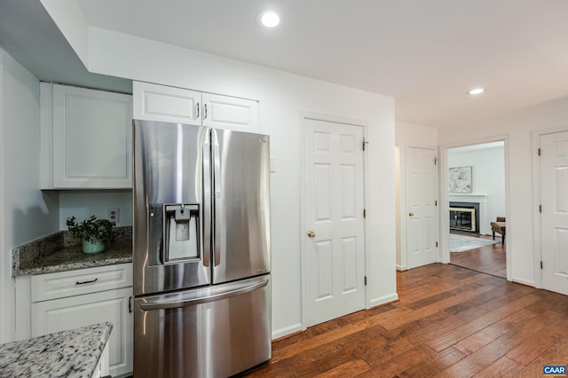 1632 Farm Brook Pl, Charlottesville, VA 22901 - kitchen with stainless steel fridge with ice dispenser, dark wood-style floors, white cabinetry, recessed lighting, and stone counters