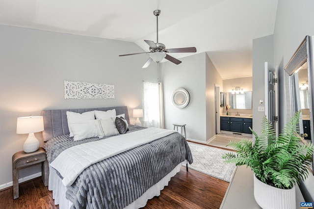 1632 Farm Brook Pl, Charlottesville, VA 22901 - bedroom featuring wood finished floors, connected bathroom, high vaulted ceiling, and ceiling fan