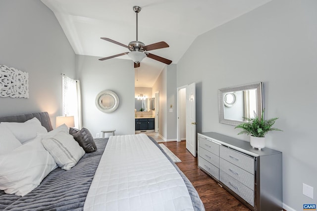 1632 Farm Brook Pl, Charlottesville, VA 22901 - bedroom with dark wood-style flooring, high vaulted ceiling, ensuite bath, and a ceiling fan