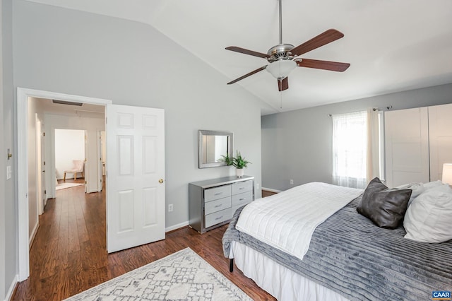 1632 Farm Brook Pl, Charlottesville, VA 22901 - bedroom featuring dark wood finished floors, high vaulted ceiling, and a ceiling fan