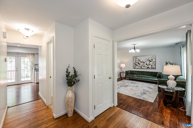 1632 Farm Brook Pl, Charlottesville, VA 22901 - corridor with hardwood / wood-style floors, french doors, and a chandelier