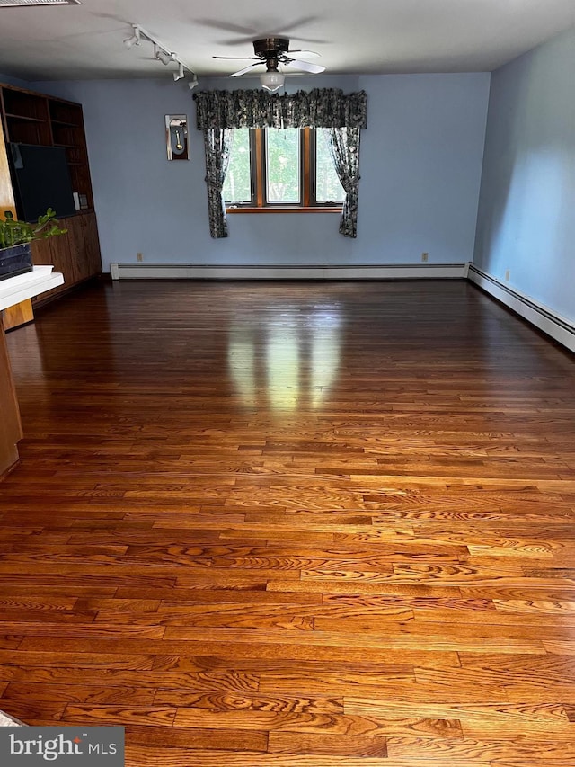 636 Pigeon Creek Rd, Pottstown, PA 19465 - unfurnished room with wood-type flooring, ceiling fan, baseboard heating, and track lighting