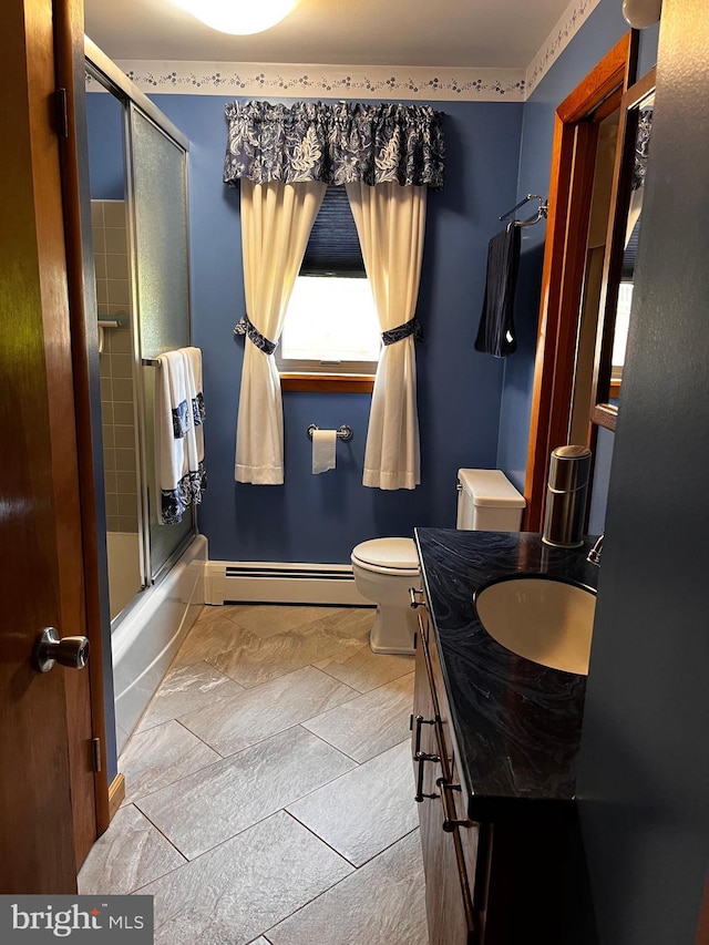 636 Pigeon Creek Rd, Pottstown, PA 19465 - bathroom with baseboard heating, vanity, tile patterned flooring, and enclosed tub / shower combo