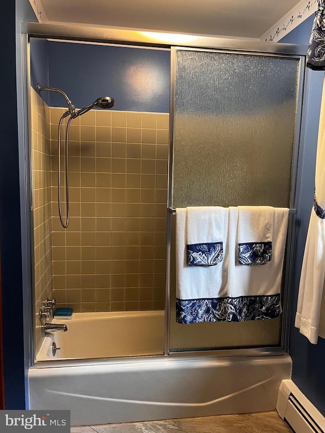 636 Pigeon Creek Rd, Pottstown, PA 19465 - full bathroom with a baseboard heating unit, shower / bath combination with glass door, and wood finished floors