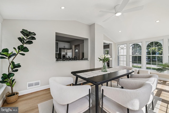 202 Piping Rock Dr, Silver Spring, MD 20905 - dining area featuring a ceiling fan, lofted ceiling, recessed lighting, and wood finished floors