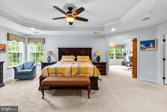 22351 Winding Woods Way, Clarksburg, MD 20871 - bedroom with a raised ceiling, crown molding, light carpet, recessed lighting, and ceiling fan