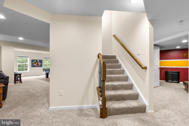 22351 Winding Woods Way, Clarksburg, MD 20871 - stairs with carpet floors, recessed lighting, and billiards