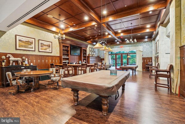 130 Ambrose Ln, Fredericksburg, VA 22406 - game room featuring billiards, wood finished floors, coffered ceiling, a wainscoted wall, and recessed lighting