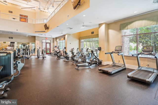 130 Ambrose Ln, Fredericksburg, VA 22406 - exercise room featuring a towering ceiling, a ceiling fan, and recessed lighting