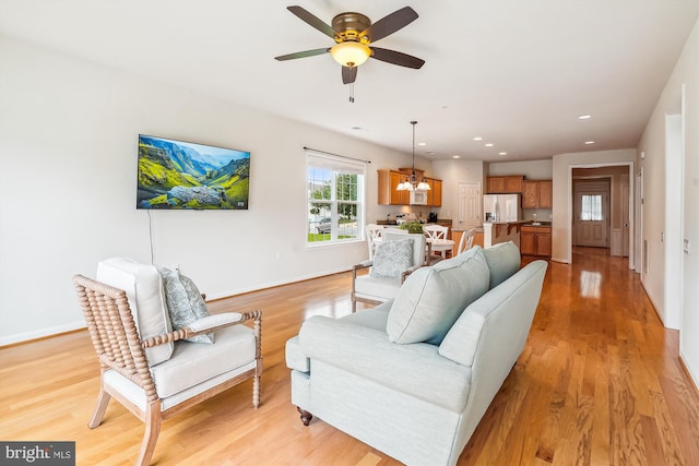 130 Ambrose Ln, Fredericksburg, VA 22406 - living room with light wood-style flooring, a ceiling fan, and recessed lighting